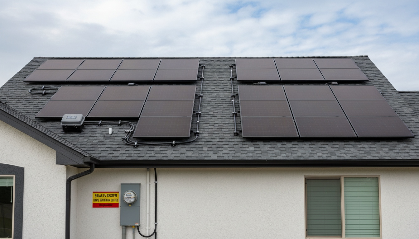 Residential rooftop solar system showing PV modules, wiring, inverter connection, meter integration, and electrical compatibility planning